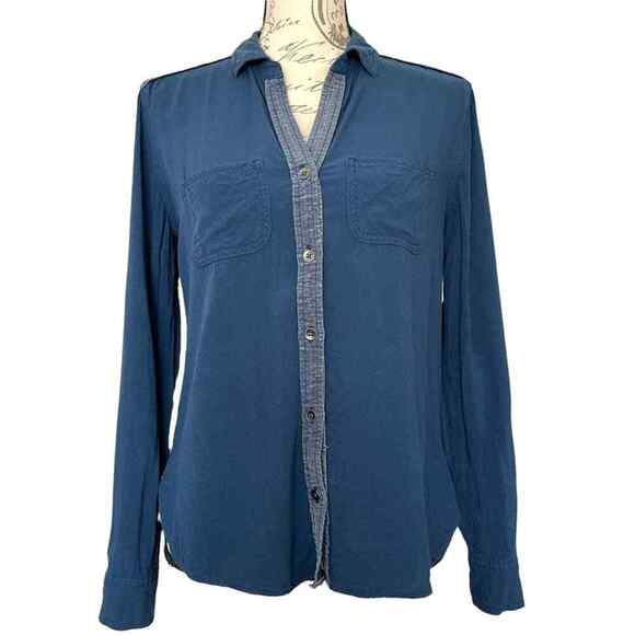 Rock & Republic Blue Roll Sleeve Button Front Shirt V-Neck Size XS - Picture 1 of 8